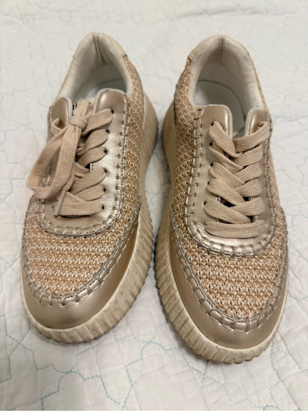 ShuShop Woven Platform Sneakers in Beige and Metallic Taupe